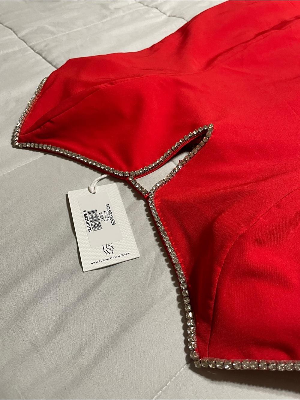 Strapless Red Rhinestone-Trim Column Dress - Picture 3 of 3